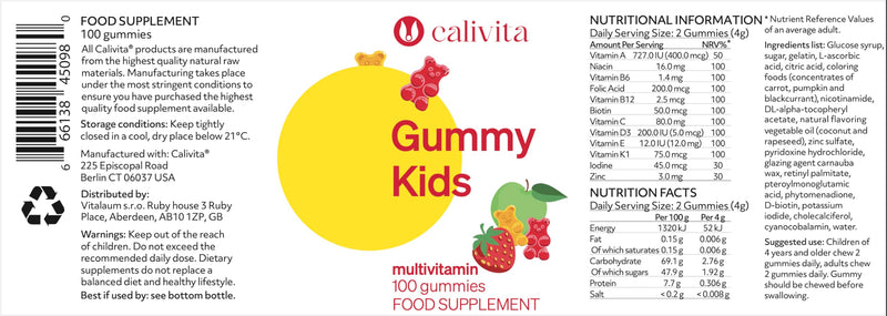 Gummy Kids Multivitamin Gummies | Multivitamin Gummies for Kids Age 3+ | 12 Essential Vitamins & Minerals | Children's Vitamins with Vitamins A C D3 E K1 B6 B12 Zinc & Biotin | Low Sugar | 100 Gummies