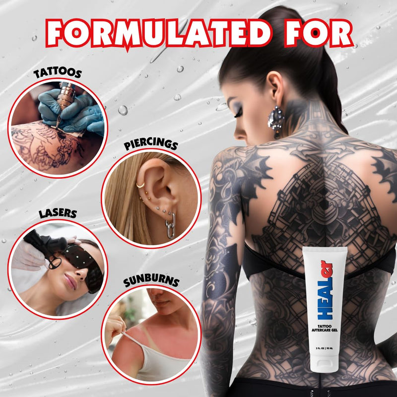 [Australia] - HEALer Tattoo Aftercare Gel - New Formula, Aloe & Vitamin E Tattoo Moisturizer, Fast-Absorbing, Non-Greasy Care for New Tattoos & Piercings Gentle Cream on Sensitive Skin, Travel Size, 3oz 