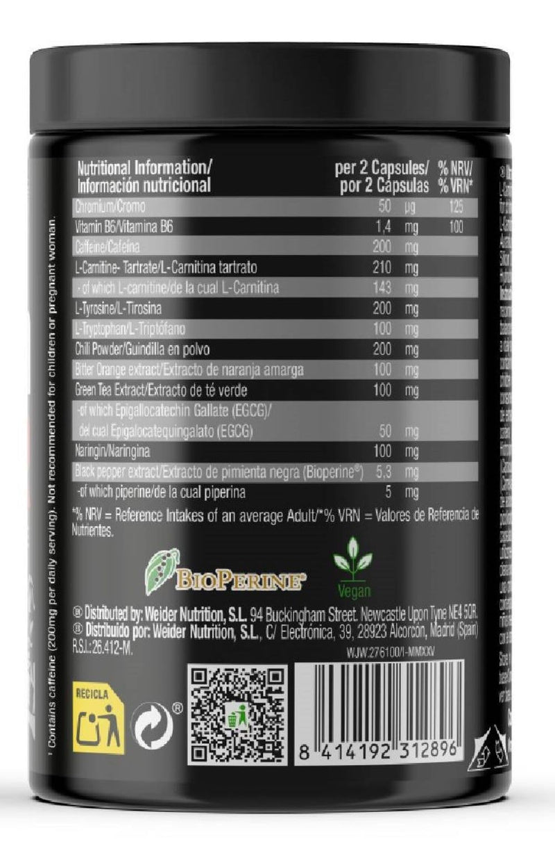 Weider Ultra Burner 120 caps, Powerful thermogenic Formula, with Plant extracts and Caffeine, L-Carnitine, Chromium and Vitamin B6, 100% Vegan