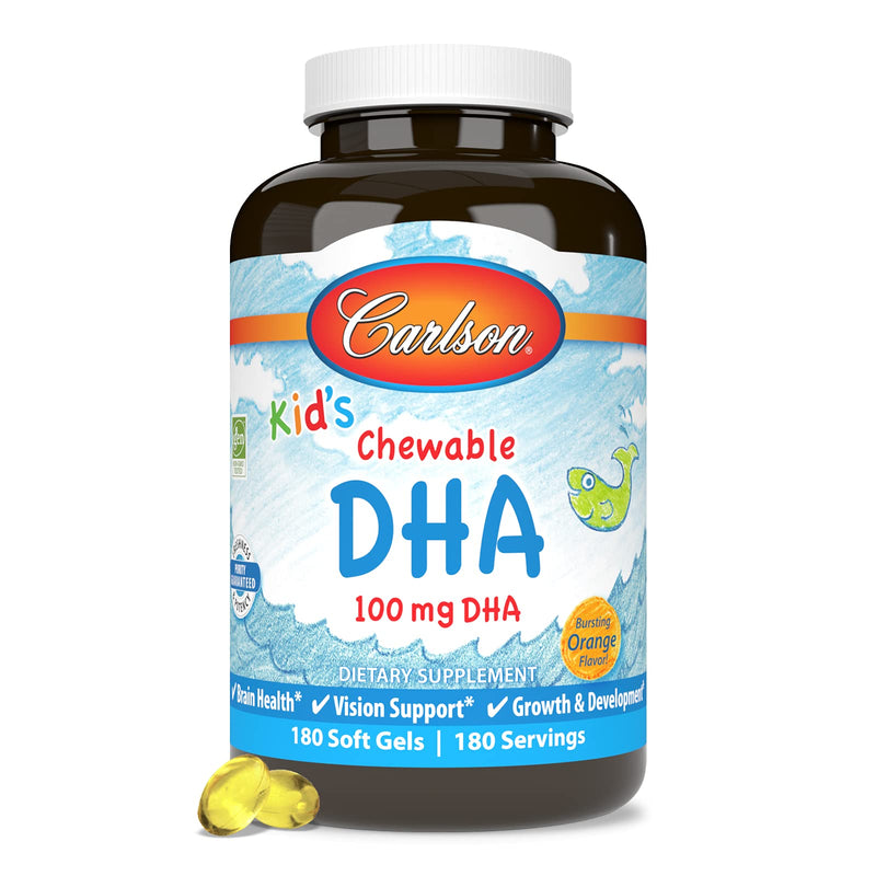 [Australia] - Carlson - Kid's Chewable DHA, 100 mg DHA, Brain Health, Vision Function, Growth & Development, Orange, 180 Chewable Softgels 180 Count (Pack of 1) 
