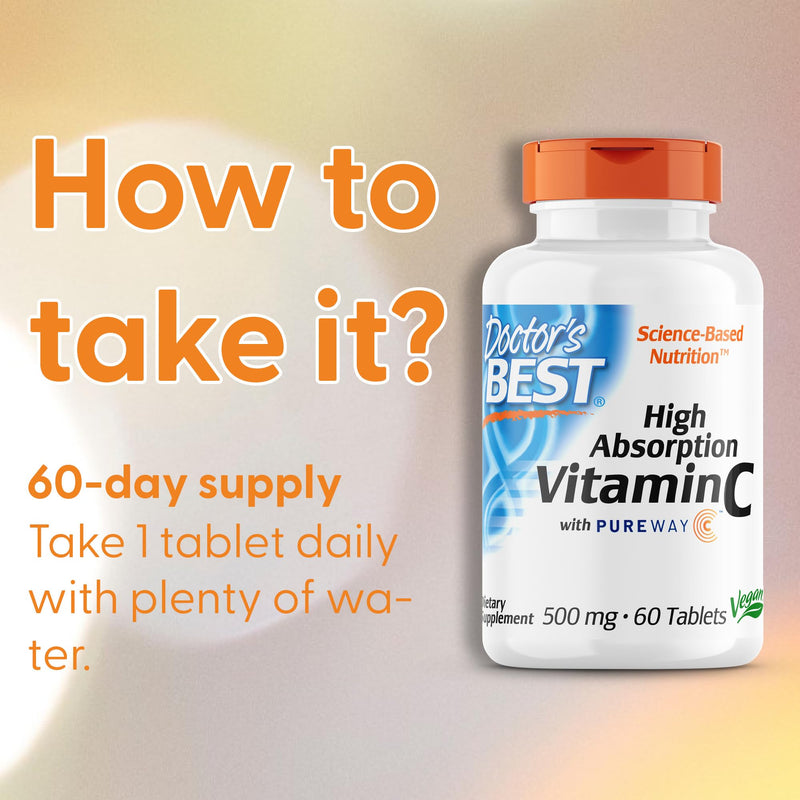 Doctor's Best, High Absorption Vitamin C with PureWay-C, 500mg, with Flavonoids, 60 Vegan Tablets, Gluten Free, SOYA Free, Vegetarian, Non-GMO