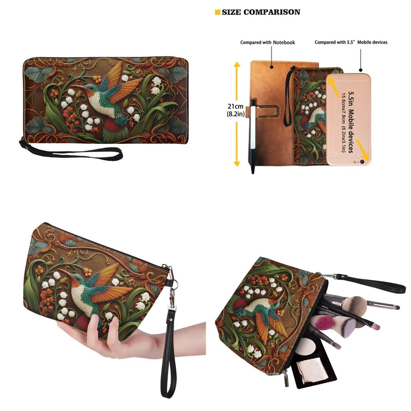 Purse and Handbag Set for Women, Large Hobo Bag with Wallet and Make Up Bag, 3 Piece Top Handle Purse Set Brown-hummingbird Flower