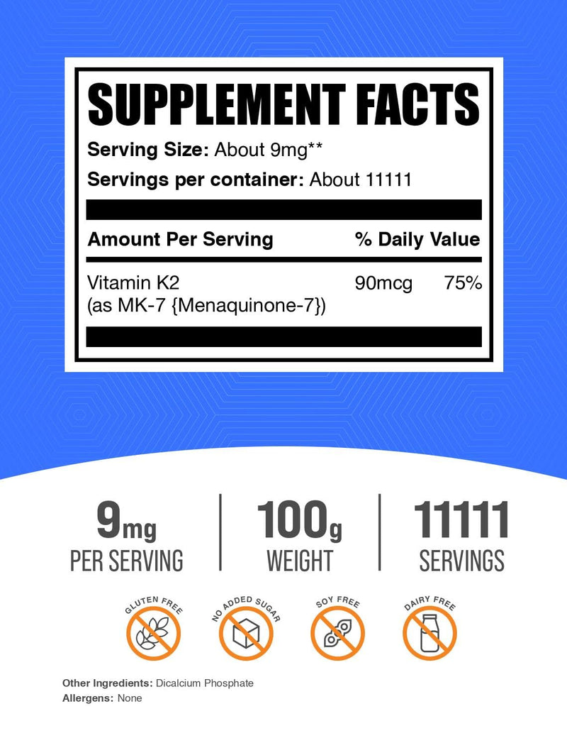 BulkSupplements.com Vitamin K2 MK7 Powder - Vitamin K2 Supplement - Vitamin K2 Soy Free - Heart Vitamins - Vitamin K2 MK-7 (100 Grams - 3.5 oz) 3.53 Ounce (Pack of 1)