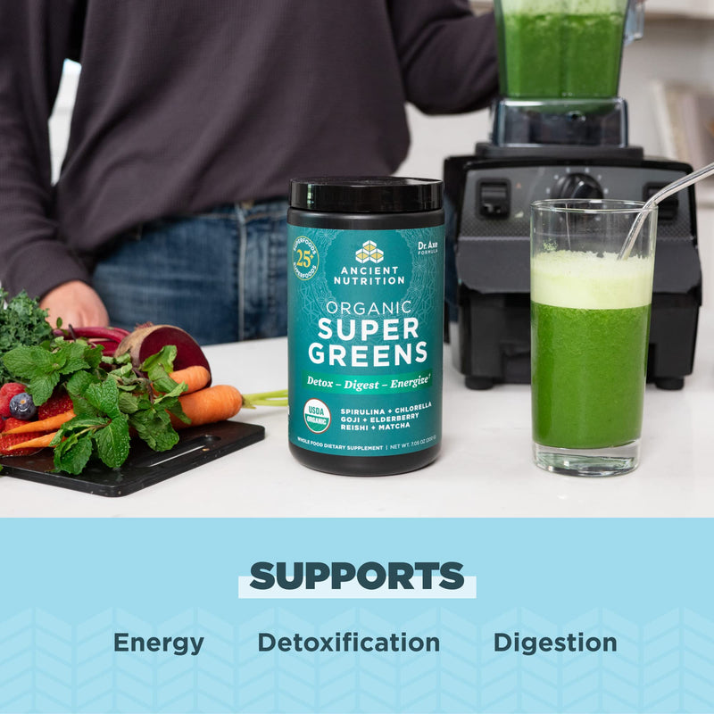 [Australia] - Ancient Nutrition Super Greens Powder, Organic Superfood Powder with Probiotics Made with Spirulina, Chlorella, Matcha, and Digestive Enzymes, 25 Servings, 7.05oz 