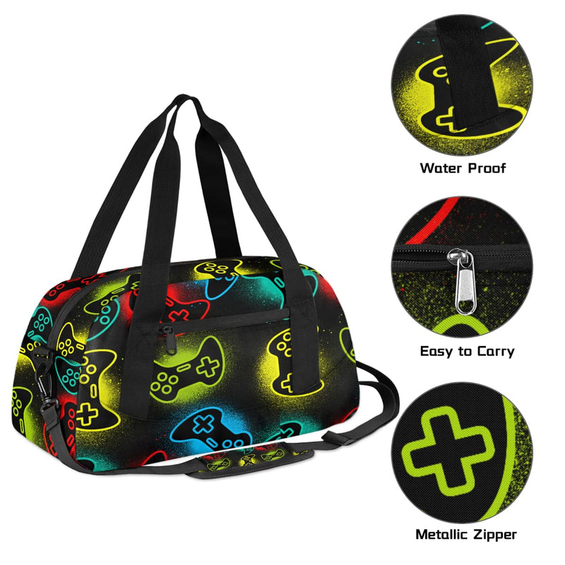 Gym Travel Duffle Bag for Boys - Game Joysticks Kids Overnighter Weekend Bag with Front Zipper Pocket for School Practice, Teens Carry-On Size Sleepover Bags Gamer Gamepad
