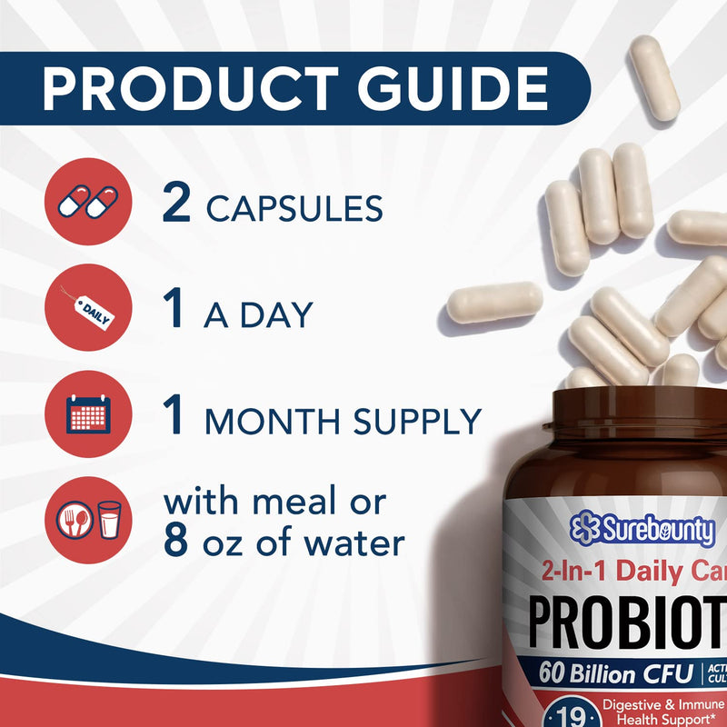 [Australia] - Probiotics 60 Billion CFU 19 Strains for Men & Women, with 100mg Prebiotic, Shelf Stable, 2-in-1 Daily Care Probiotic, Non-GMO, Digestive & Immune Health, 60 Veggie Capsules 60 Billion CFUs for Women and Men 60 Count 