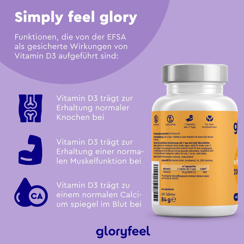 [Australia] - Vitamin D3 2000 IU - 400 tablets (long-term supply) high dosage - The sunshine vitamin for the immune system & bones* - 100% pure cholecalciferol - Laboratory tested & made in Germany without additives 