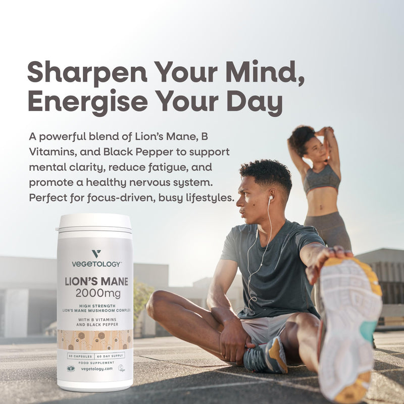 Lions Mane Supplement, 2000mg High Strength Mushroom Complex with B Vitamins and Black Pepper, Supports Mental Clarity, Energy & Nervous System, 60 Vegan Capsules, Age 11+