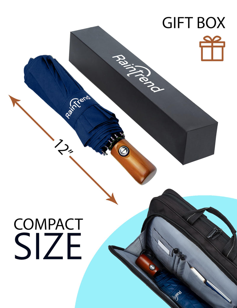 Raintrend 2 Pack Umbrellas for Rain Windproof Travel Navy Blue and Burgundy Umbrella - Large Double Canopy but Compact Folding Portable - Automatic Strong Wind Resistant Construction
