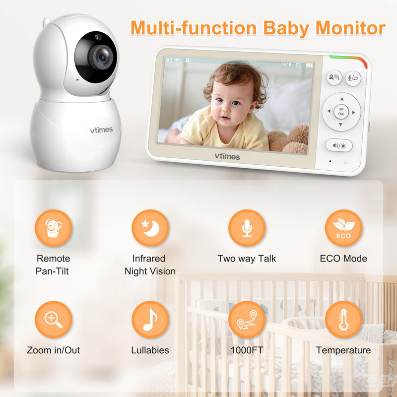 [Australia] - 5'' Video Baby Monitor No WiFi with 32-Hour Battery, 2-Way Talk Baby Camera Monitor VOX Pan-Tilt-Zoom Night Vision Temperature Display Alarm 8 Lullabies and 1000ft 