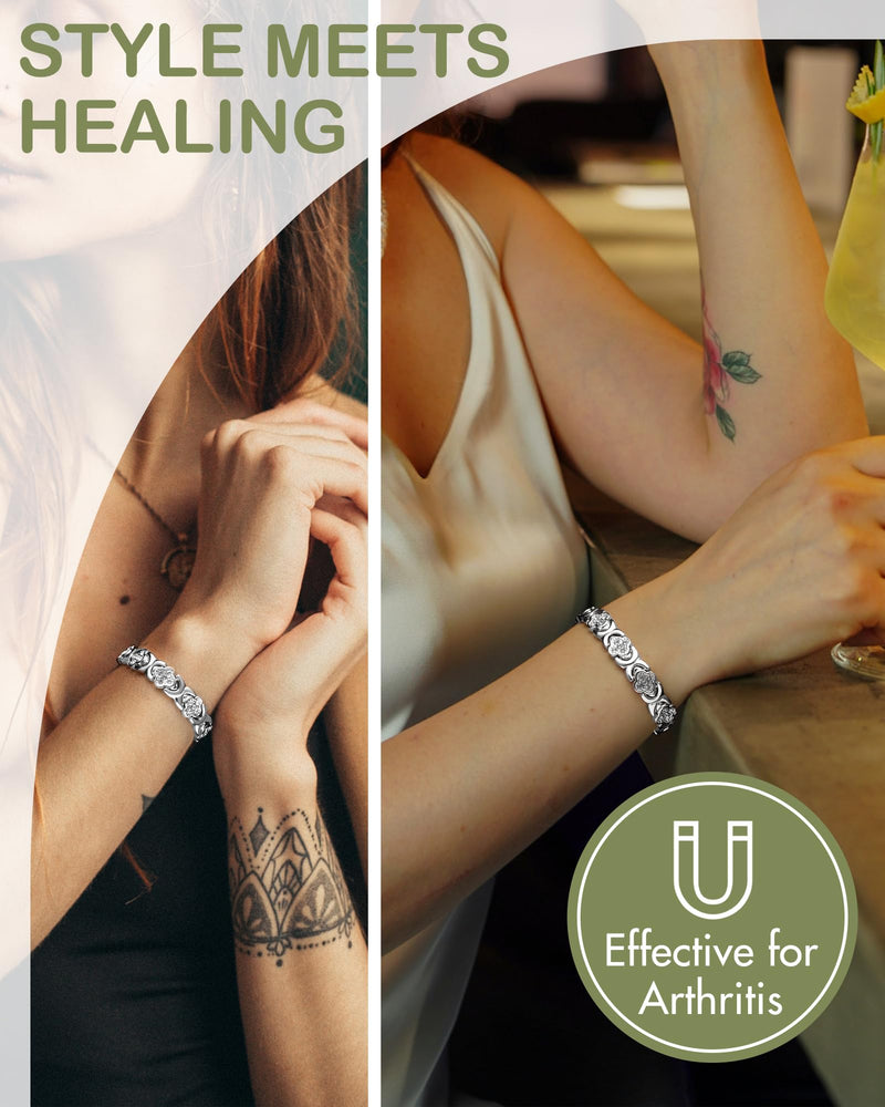 [Australia] - Feraco Magnetic Bracelets for Women with 3800 Gauss Effective Magnets, Stainless Steel Bracelet with Sparkling Zirconia, Infinite Symbol Silver Clover 