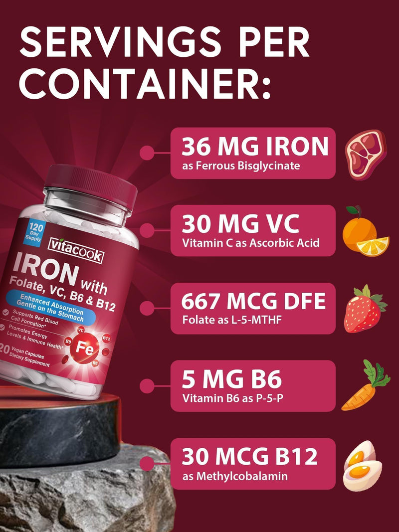 Iron Supplement for Women & Men, Iron Bisglycinate with Vitamin C | Vitamin B6, B12, Folate, Stomach Friendly, Non-Constipating, Blood Health & Energy Boost, 120 Vegan Caps 120 Count (Pack of 1)