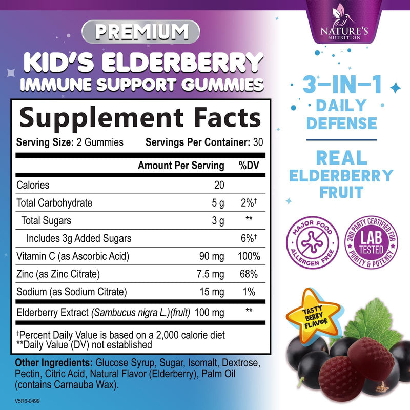Kids Immune Support Elderberry Gummies - Daily Children's Vitamins C, Zinc & Kids Support Gummy - Nature's Sambucus Elderberry Supplement, Vegan, Gluten-Free, Tasty Berry Flavor - 60 Gummies 60 Count (Pack of 1)