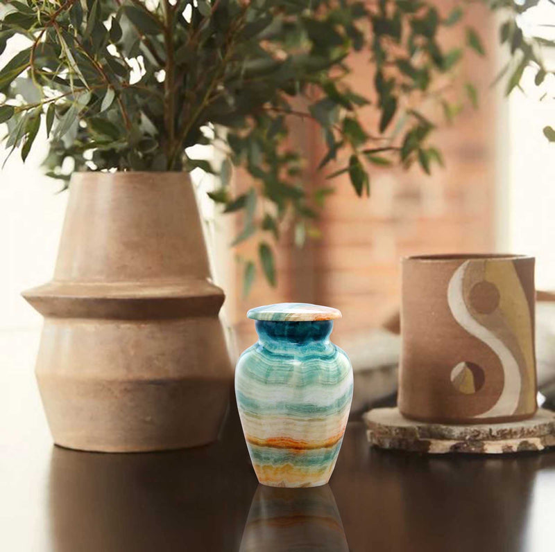 [Australia] - Small Keepsake Cremation Urns for Human Ashes - Marble Finish Metal Keepsake Urn - Mini Cremation Urn for Pet Ashes - Handcrafted Memorial Urn - Funeral Urns with Velvet Bag (Blue Marsh) Blue Marsh 