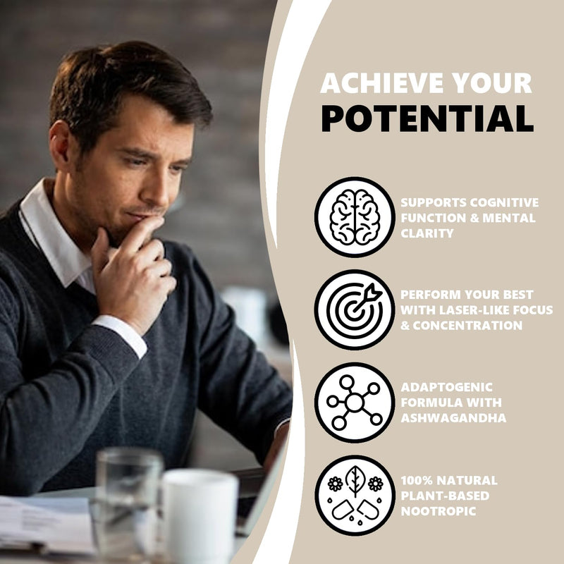 Brain Boost Nootropic Supplement, Supports Cognitive Function, Energy Levels, Focus & Memory Function, 60 Halal Vegetarian Capsules, with Ashwagandha & Chamomile Extract, DeenVida Nutrition