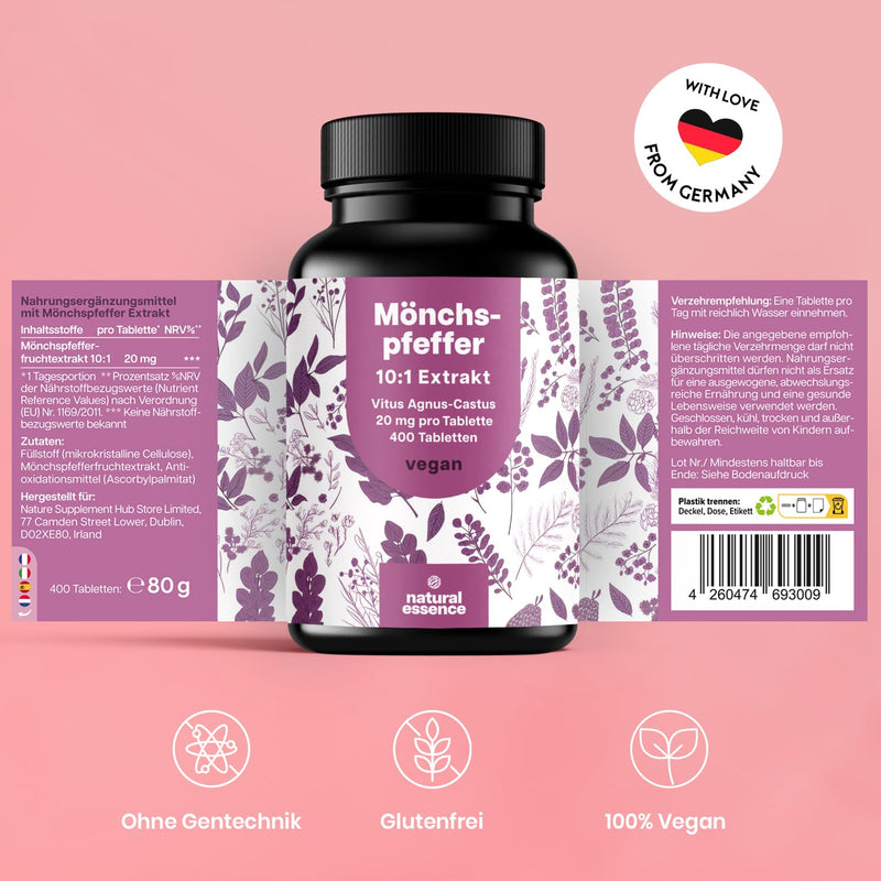 [Australia] - High-dose monk's pepper - 400 tablets - 20 mg per tablet - 10:1 extract from original Agnus Castus - dietary supplement women's balance - vegan and produced in Germany 