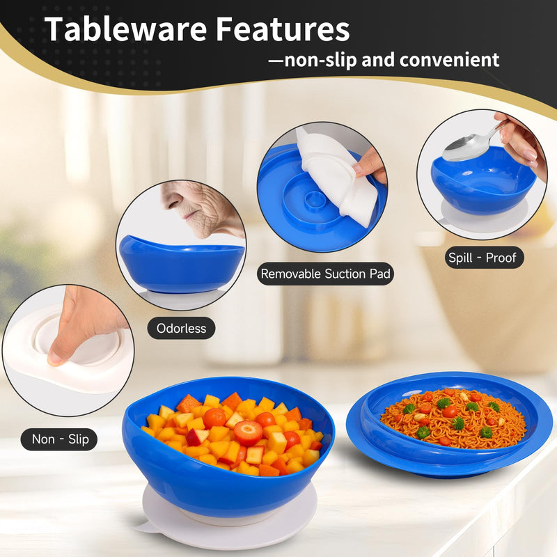[Australia] - Adaptive Utensils for Elderly with Suction Base, Parkinsons Utensils with Bibs, Adaptive Dinnerware Dish for Handicapped, Spill Proof Bowl and Plate with Lipped Edges for Dementia, Stroke, and Tremor 