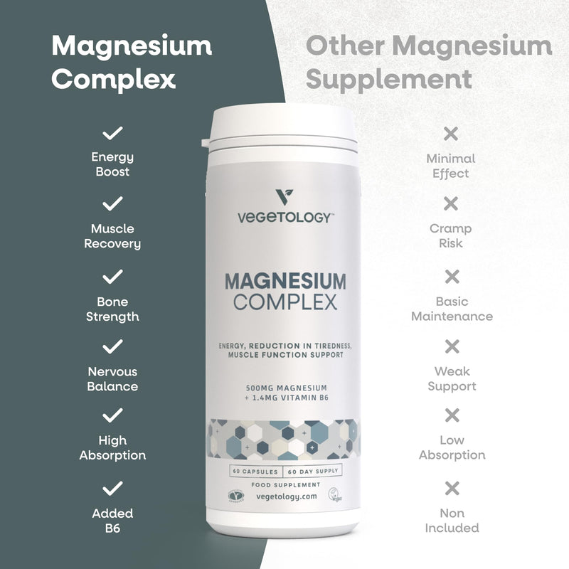 Vegetology Magnesium Supplements with Vitamin B6, 3-in-1 Complex, 60 Vegan Capsules, High Strength, Supports Energy, Muscle Function, and Overall Wellness, Age 11+