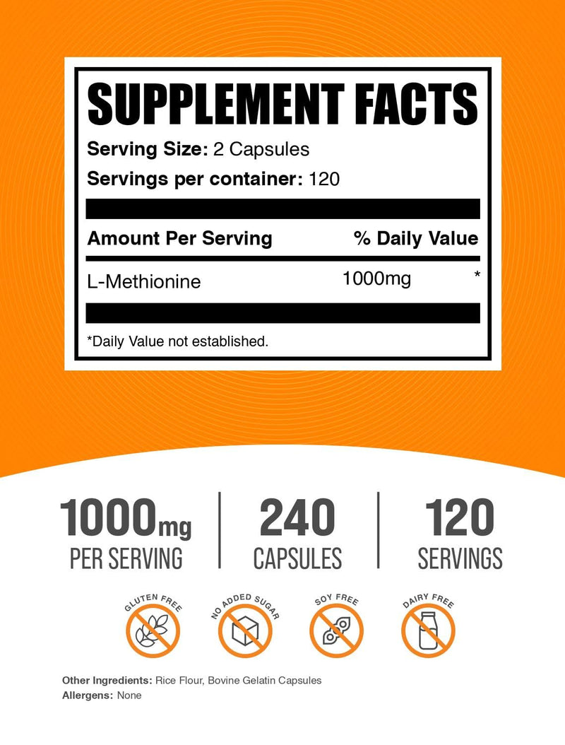 BulkSupplements.com L-Methionine Capsules - Amino Acids Nutritional Supplements, Choline Supplements, Antioxidants Supplement - Gluten Free, 2 Capsules per Serving, 240 Count (Pack of 1)