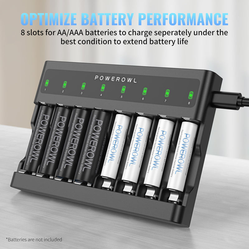 [Australia] - POWEROWL AA AAA Battery Charger 8 Bay, Independent Slot, USB Fast Charging for Ni-MH Ni-CD Rechargeable Batteries 