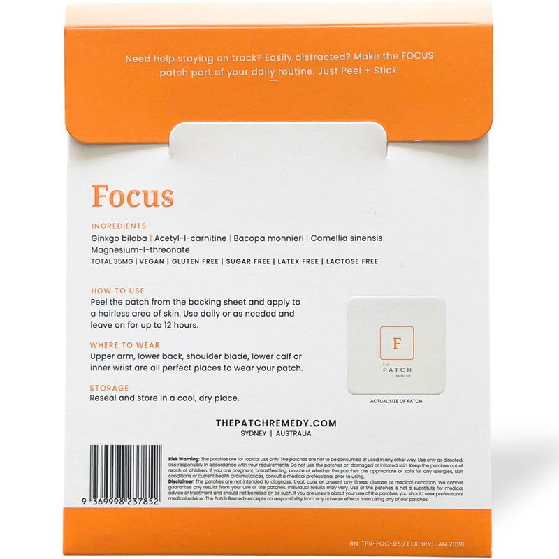 The Patch Remedy Focus Patches | 30 Topical Patches | Ginkgo biloba, Acetyl-l-Carnitine, Bacopa Monnieri, Magnesium L-Threonate, Camellia sinensis | 12-24 Hours