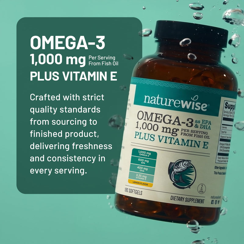 NatureWise Extra-Strength Omega 3 Fish Oil Supplement - 1000mg per Serving - 600 EPA & 400 DHA and Vitamin E - Sustainably Sourced Fish Oil - Lemon Flavor - 360 Softgels[6-Month Supply] 360 Count (Pack of 1)
