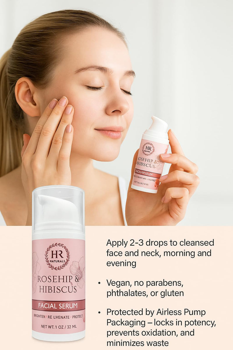 Rosehip & Hibiscus Facial Serum – Brightening, Rejuvenating, Vitamin-Rich Anti-Aging Serum with Rosehip Seed Oil & Hibiscus Extract | Vegan, Lightweight, 1 OZ Airless Pump