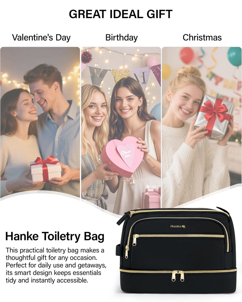 Hanke Travel Toiletry Bag, Lightweight Wide-open Makeup Bag, Dual-Layer Travel Bag for Toiletries Water-Resistant Cosmetic Bags Large Toiletry Bags for Women & Men, Travel Essentials, Black