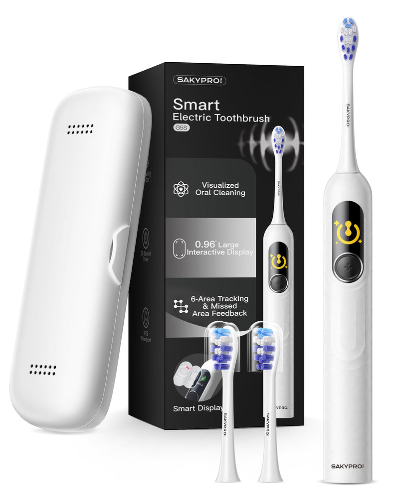 Electric Toothbrush with AI Smart Screen for Adults Kids | 150-Day Battery, Real-Time Brushing Map | Whitening Mode, 3-Min Timer, Travel Case | Family Sonic Electric Tooth Brush (G5S White) 1 Count (Pack of 1)