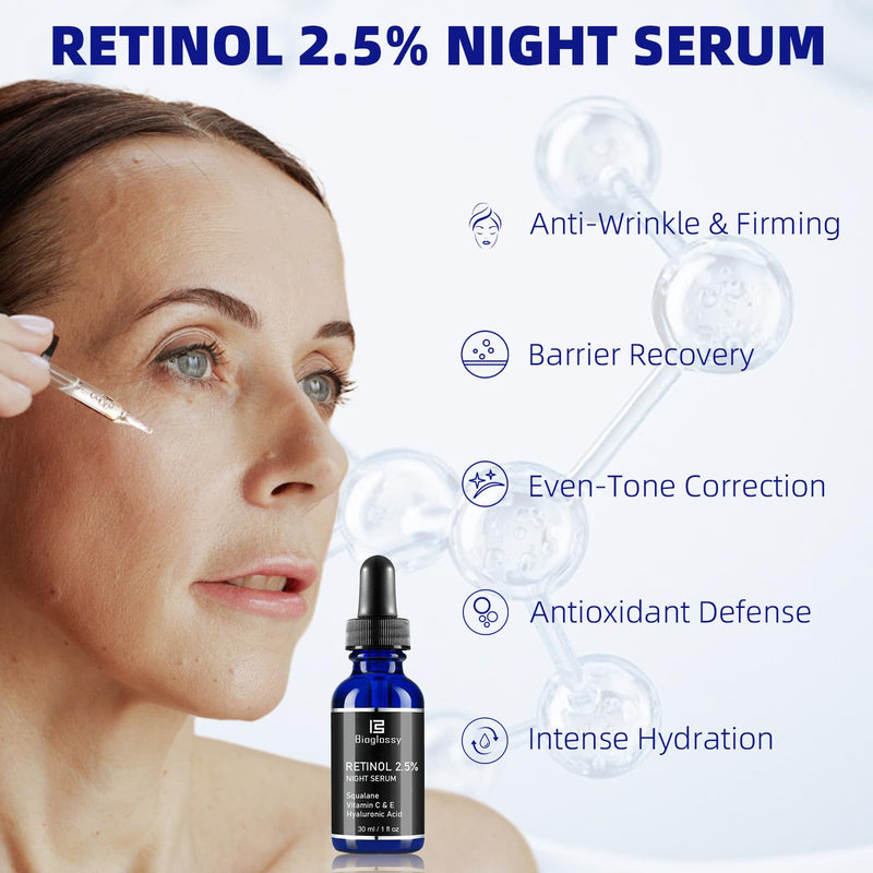 Retinol Serum for Face, 2.5% Retinol Intense Night Serum with Squalane,Vitamin C & E & B3,Hyaluronic Acid for Lines, Wrinkles & Premature Sun Damage to Resurface & Hydrate 30 ml/ 1 Fl oz Retinol Serum for Face