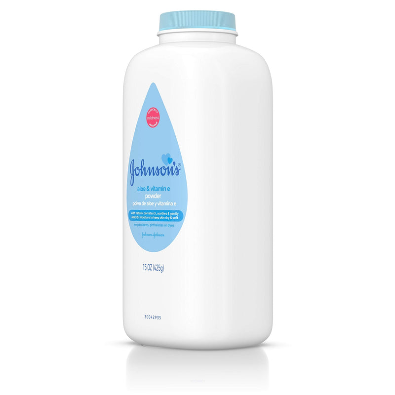 Johnson's Baby Powder with Cornstarch, Aloe & Vitamin E, 15 oz | Hypoallergenic, No Added Parabens & Dyes, Designed for Delicate Skin, For Babies, Kids, & Adults 15 Ounce (Pack of 1)