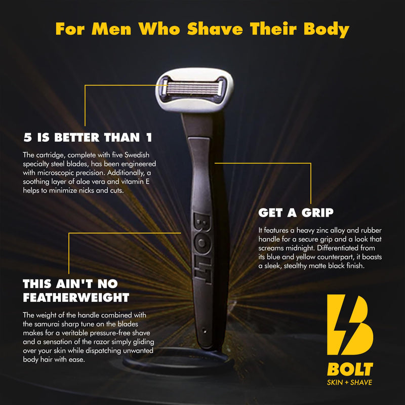 [Australia] - Performance Razor - Black Edition - 5-Blade Swedish Steel - Aloe & VIT E - Zinc Handle - Smooth Shave Kit - 2 Cartridges BOLT Performance Razor Black 