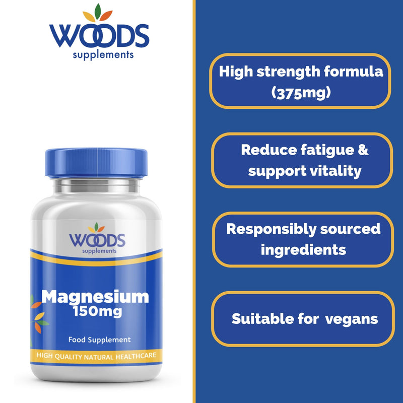 Magnesium 150mg (90 Tablets) from Woods Supplements | Magnesium contributes to Normal Muscle Function and Healthy Bones | Suitable for Vegetarians & Vegans 90