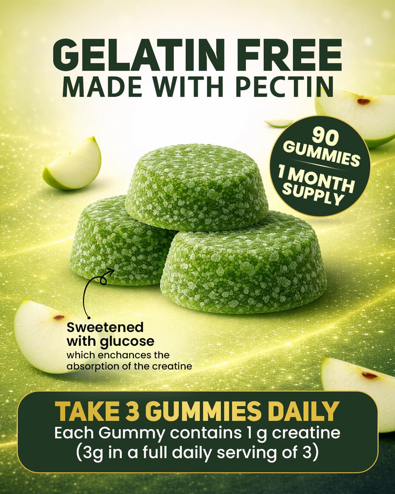 Premium Creatine Gummies 3000mg – High Strength 3rd Party Tested Creatine Monohydrate for Muscle Growth, Strength & Performance – Apple Flavour – 90 Gummies