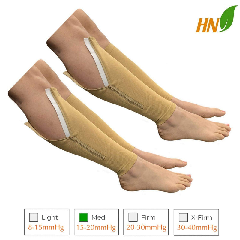 HealthyNees Footless 15-20 mmHg Zipper Compression Leg Calf Shin Sleeve 2 Pairs (Beige Combo, 5X-Large) Beige Combo
