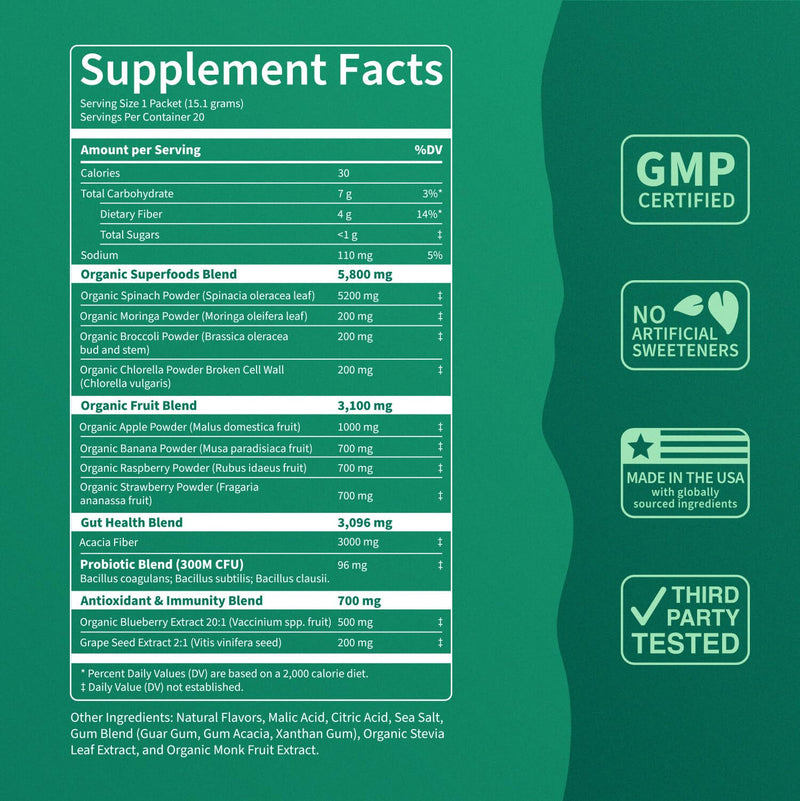 [Australia] - Supergreens Superfood Drink Mix with Chlorella, Moringa, Spinach, Broccoli, Digestive Enzymes, and Probiotics ‚Äì Apple Pear Flavor, 20 Servings, Travel Pack 20 Servings (Pack of 1) 