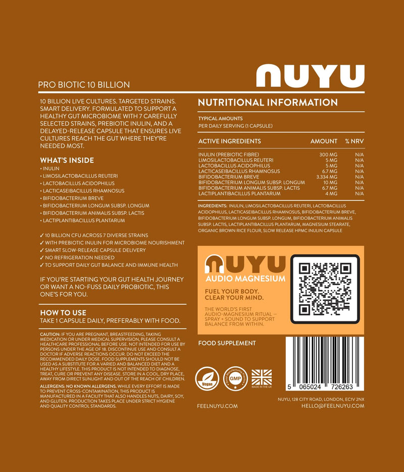 NUYU Pro Biotic 10 Billion Capsules. 7 Probiotic Strains with Prebiotic Inulin. Gut Health & Microbiome Support. One-a-Day, 2 Month Supply. 100% Vegan, Made in The UK.