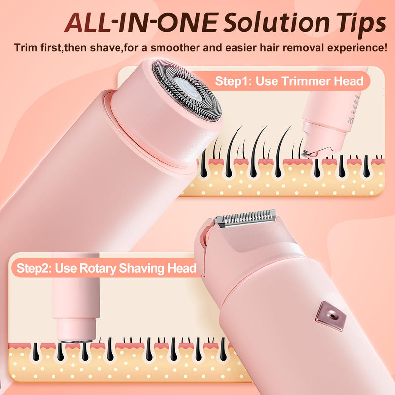 2 in1 Bikini Trimmer for Women, Dual-Head Electric Razor & Painless Hair Removal - Waterproof Cordless Lady Shaver for Body, Face Underarm, Intimate Areas, Facial Bikini Shaver (Pink) Pink