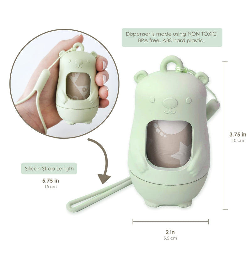 NEW Moodie Teddy Bear Diaper Bag Dispenser | Diaper Bag on the Go Dispenser w/Silicon Strap |15 UNSCENTED Diaper Disposal Bags per Roll | Diaper bag essential items (SAGE GREEN) Sage Green