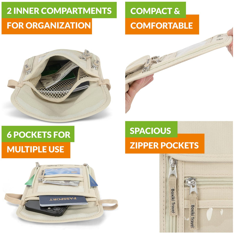 "RFID Travel Set: Blocking Sleeves for Identity Theft Prevention, Passport Covers, and Beige Neck Wallet with Adjustable Strap - Secure Storage for Cash, Credit Cards, and Travel Documents