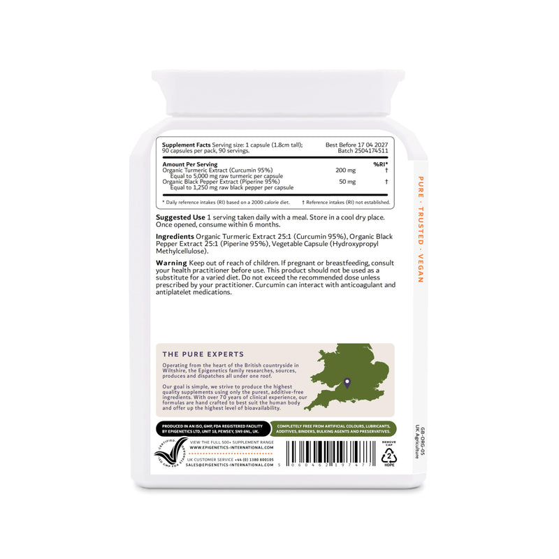 Organic Turmeric 5000mg + Organic Black Pepper 1250mg Per 1 Mini Capsule | Optimal Absorption 4:1 Ratio 95% Extract | UK Made Vegan 90 Servings (3 Months)