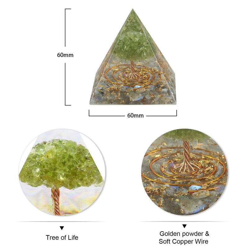 Peridot Crystal Stones Tree of Life Orgone Pyramid Positive Energy Protection Generator for Healing Chakra Resin Vastu Home Decor, Labradorite Gray