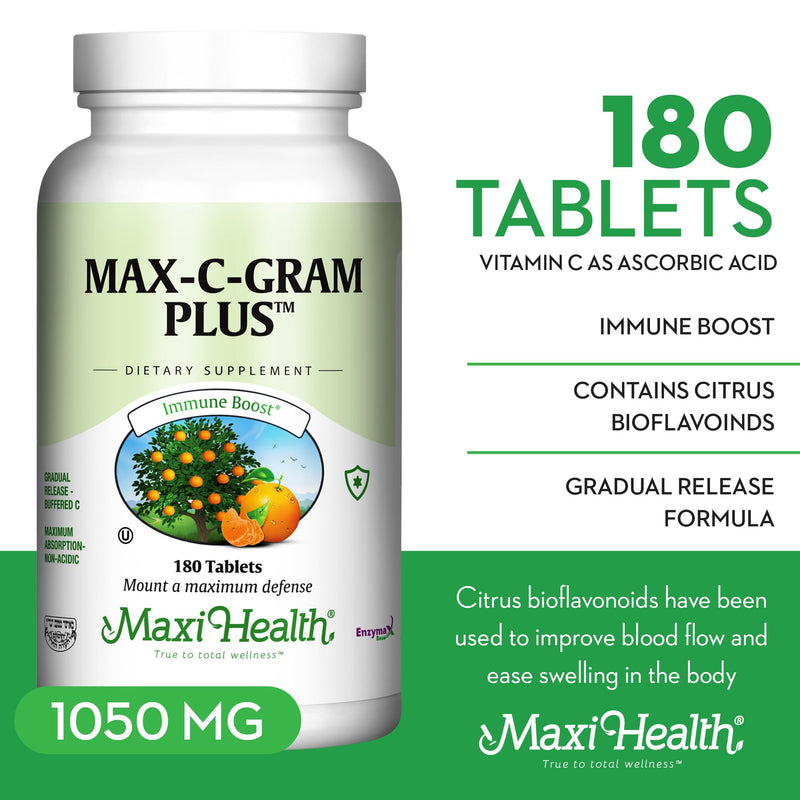 Maxi Health Vitamin C 1050mg – Buffered C Complex with Calcium Ascorbate & Bioflavonoids – Immune Support Supplement, Non-Acidic, Gentle on Stomach, Gradual Release – 90 Tablets | Kosher | Buffered Vitamin C 1050mg | Bioflavonoids, Gentle Stomach & Imm...