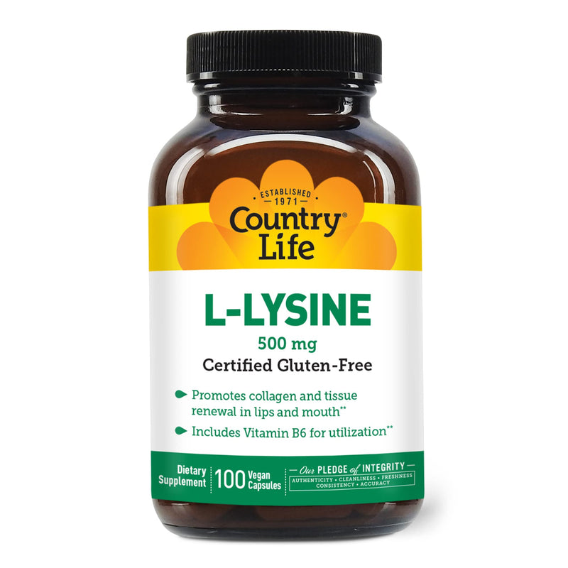 Country Life L-Lysine 500mg with B-6, Supports Immune Health, Promotes Collagen Renewal in Lips and Mouth, 100 Vegan Capsules, Certified Gluten Free, Certified Vegan 100 Count (Pack of 1)