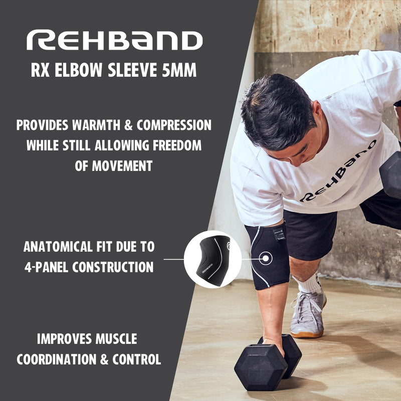 Rehband Elbow 5mm Compression Sleeve, Neoprene Elbow Sleeves for Weightlifting, Anatomical Design, Non-Slip & Close Fitting, Elbow Support Unisex, Colour:Carbon/Black, Size:Small Small Carbon/Black - 1 Piece