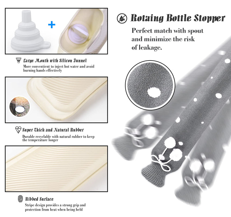 [Australia] - 73 cm hot water bottle hose long with knitted cover, hot water bottle 2 L with folding funnel, portable and washable knitted bottle cover hot water bottle for muscle pain, menstrual cramps (white/grey) white spot on grey 