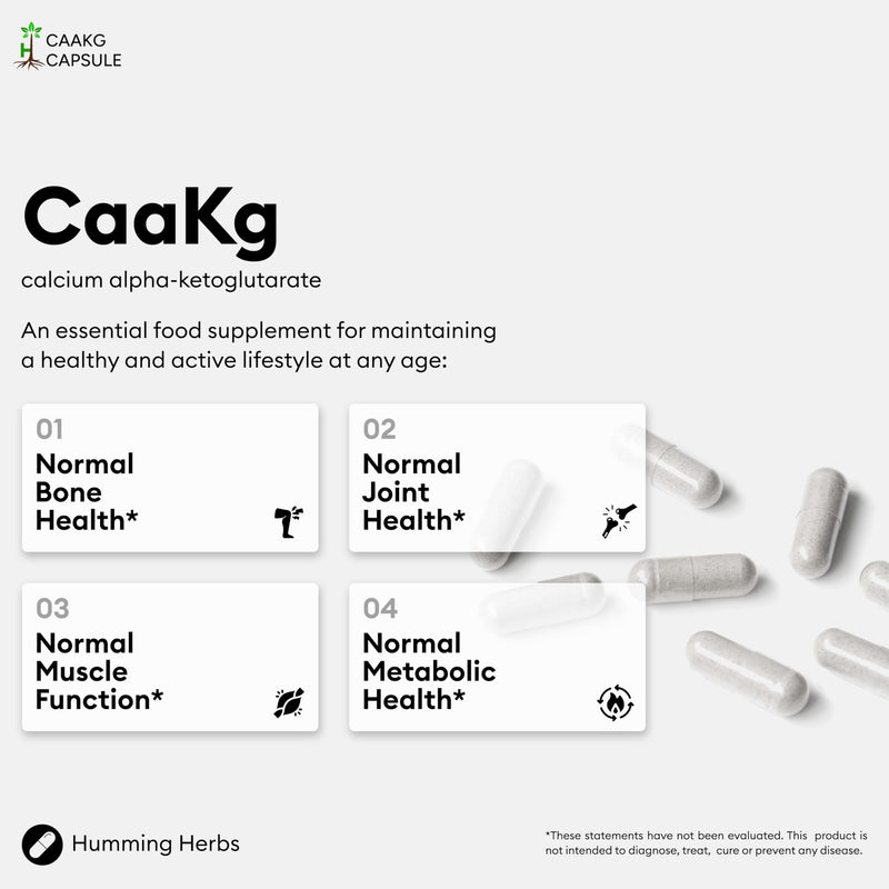Humming Herbs Calcium Alpha-Ketoglutarate Supplement (CaAKG) 1000mg | 200mg Elemental Calcium (25% NRV) | 120 VeganCapsules | 60 Day Supply | Energy Metabolism Support