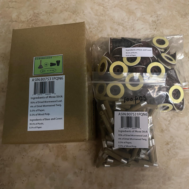 [Australia] - 100Pcs Moxibustion Sticks and 100Pcs Self-Stick Base, 5-Years Moxa Cone Moxi Stick for Chinese Traditional AiJiu Body Acupuncture, 2Pcs Protective Cover and 1Pcs Acupoint Map 
