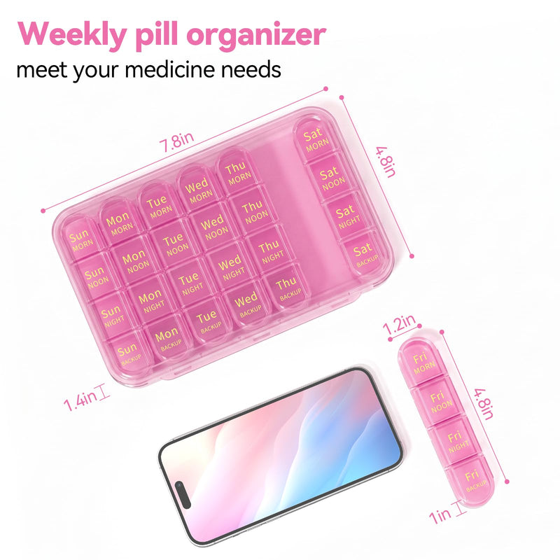 Zoksi Pill Organizer 4 Times a Day,7 Day Pill Box with Removable Daily Case | Large Medicine Organizer for Pills, Vitamins and Supplements, Easy Open 180 Degree Lids, Travel Pill Case Pink Purple