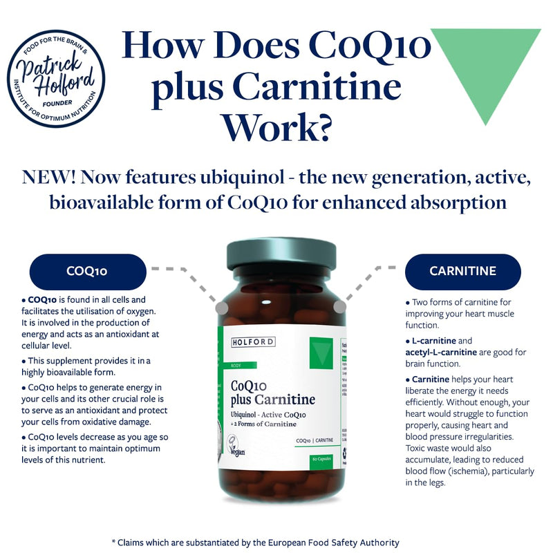 Patrick HOLFORD COQ10 Plus Carnitine / COQ10 Supplement/for Energy & Heart Health Support / 3 Nutrients/Active Ubiquinol/Enhanced Absorption – Fast Action / 60 Capsules/Vegan/for Women & Men